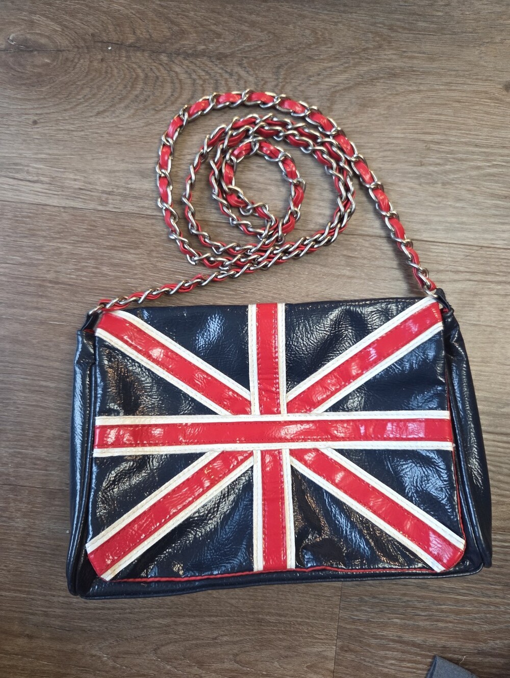 Atmosphere British Flag Faux Patent Leather Small Purse Shoulder Bag with Chain
